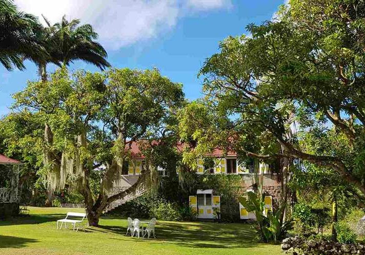 A large house surrounded by trees and a green lawn under a blue sky.